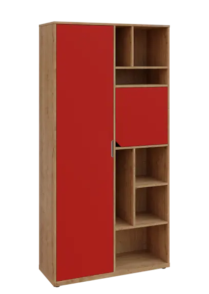 KSR6-83 L skříň šatní, 1x výsuvné ramínko, dvířka, niky, 2053x1022x400 mm, provedení levé, dub lite/červená